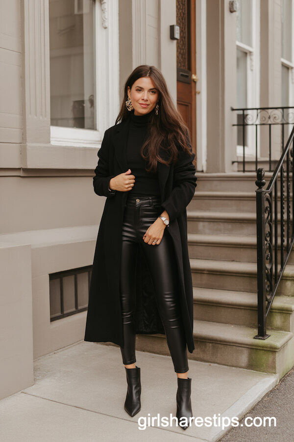 Black Duster Coat with Black Leggings