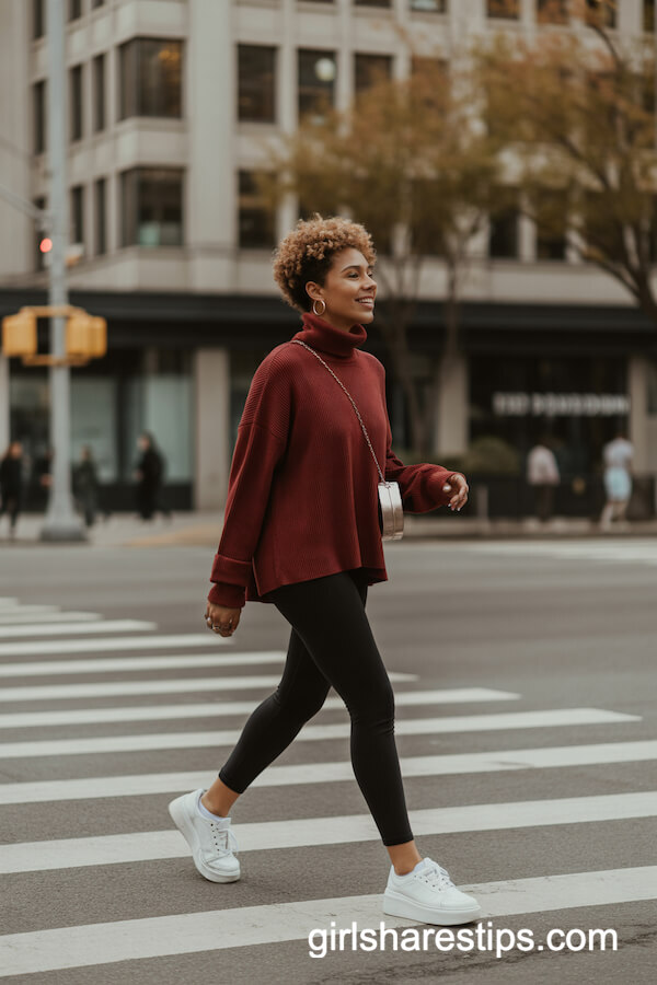 Rust Turtleneck with Black Leggings
