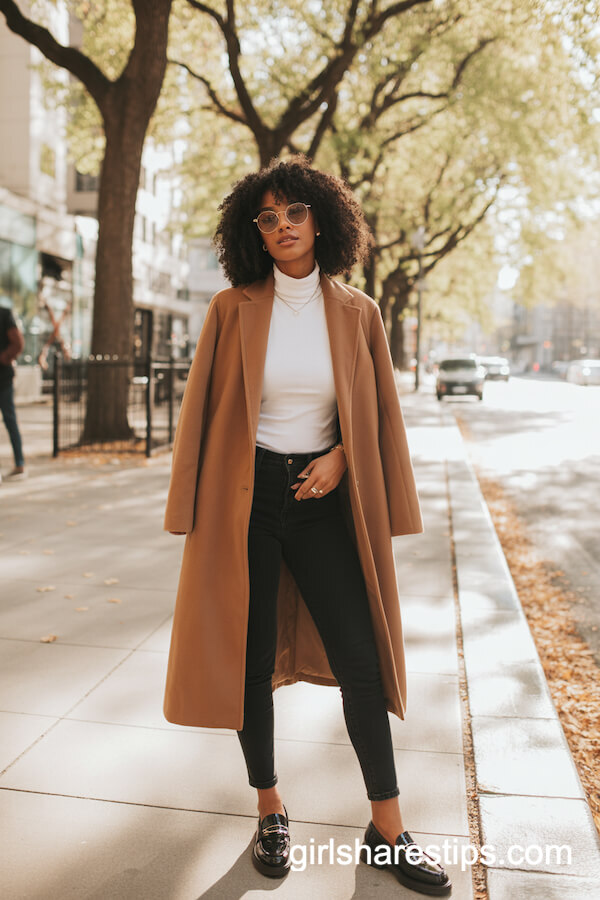 Camel Coat Black Loafers