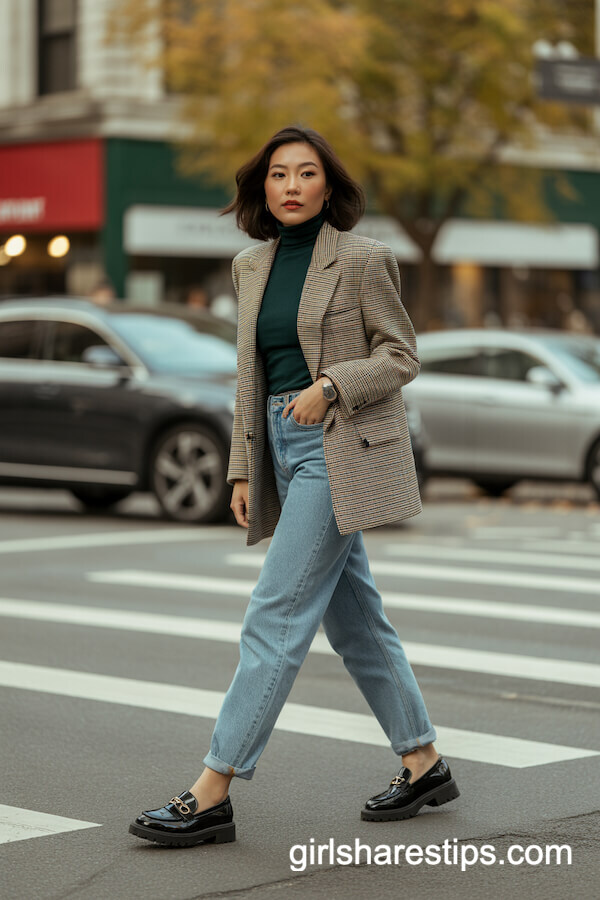 Plaid Blazer & Thick-Soled Loafers