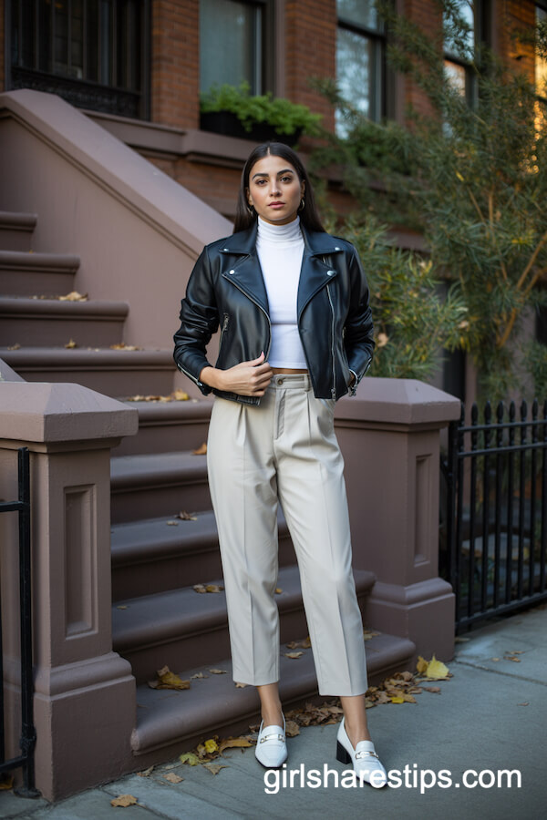 Leather Jacket & White Loafers