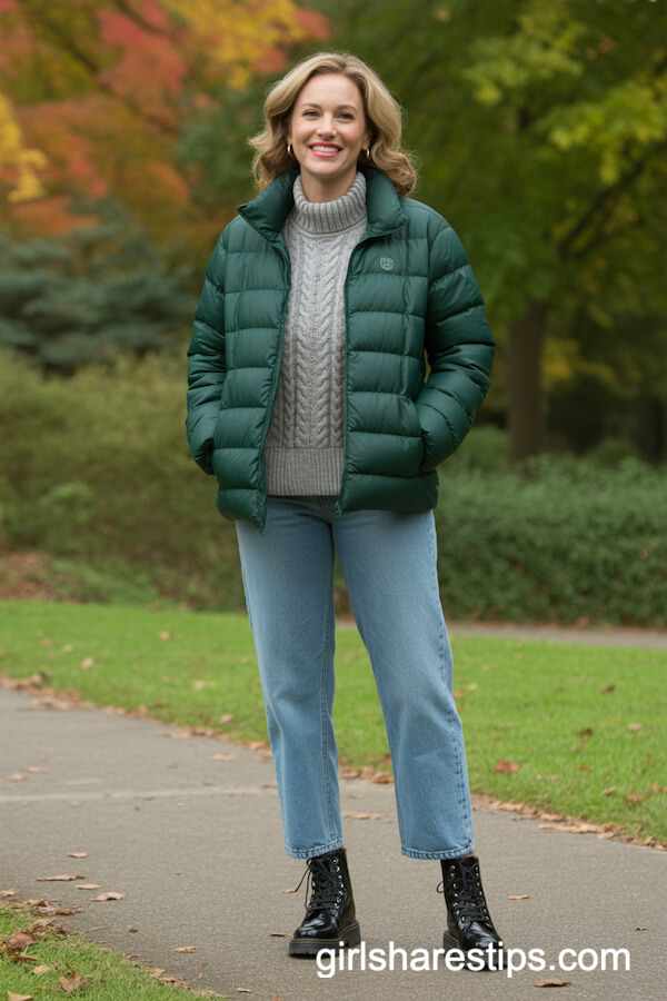 Green Puffer Jacket & Cable-Knit Sweater