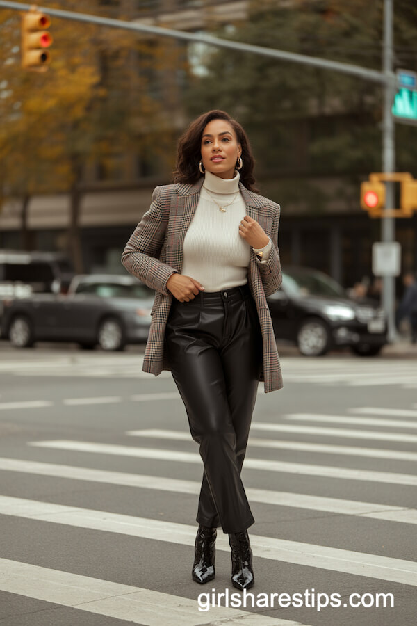 Faux Leather Pants & Plaid Blazer