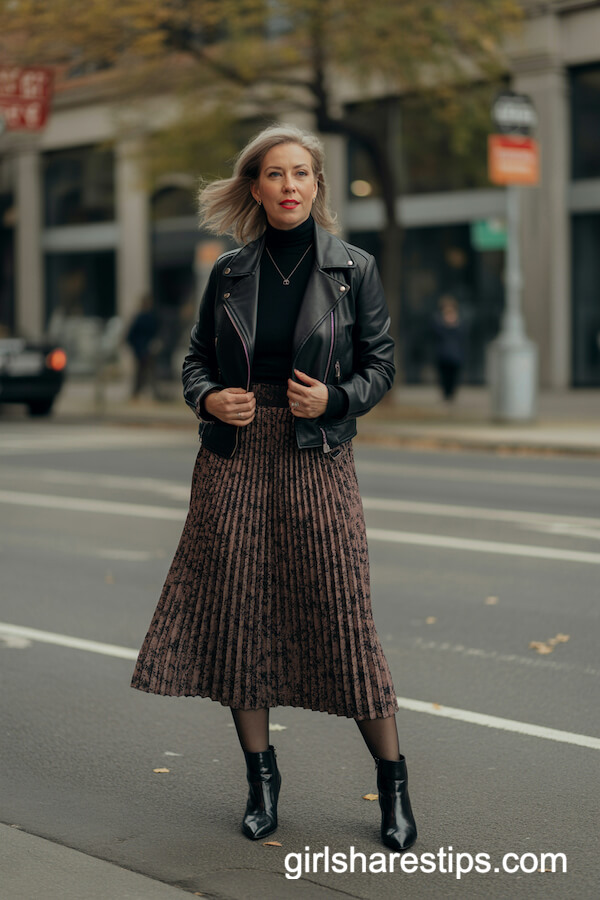 Pleated Midi Skirt & Moto Jacket