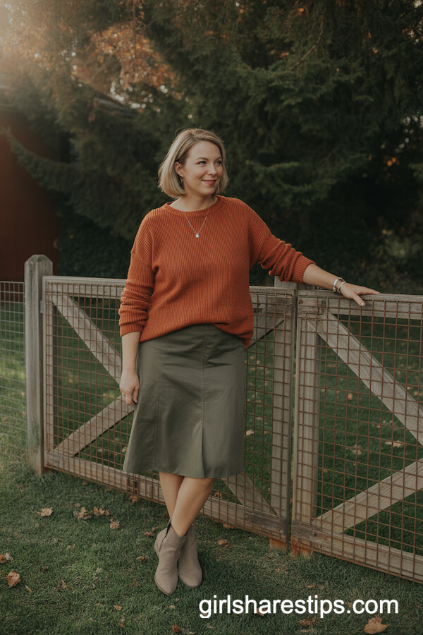 Burnt Orange Sweater & Olive Skirt