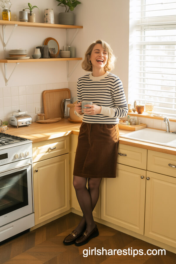 Striped Sweater Corduroy Skirt