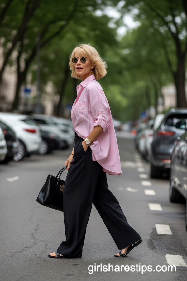 Pink Button-Up & Wide-Leg Trousers