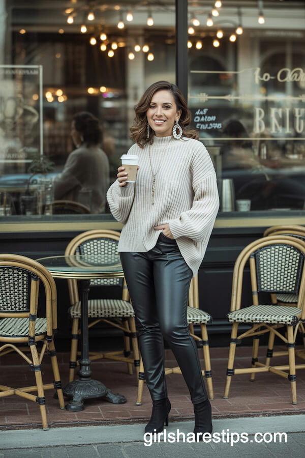 Faux-Leather Pants Cream Sweater