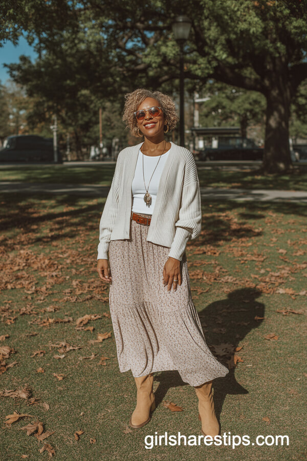 Cream Cardigan Flowy Skirt