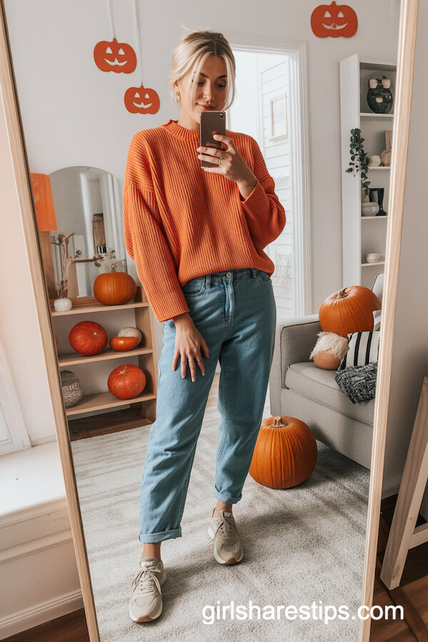 Chunky Orange Sweater & Mom Jeans