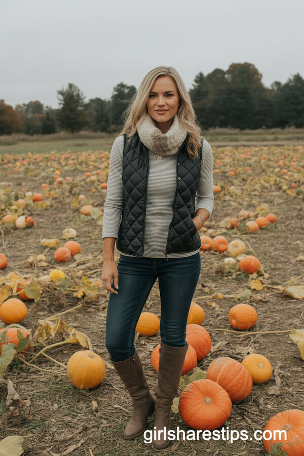 Black Quilted Vest & Striped Shirt Combo