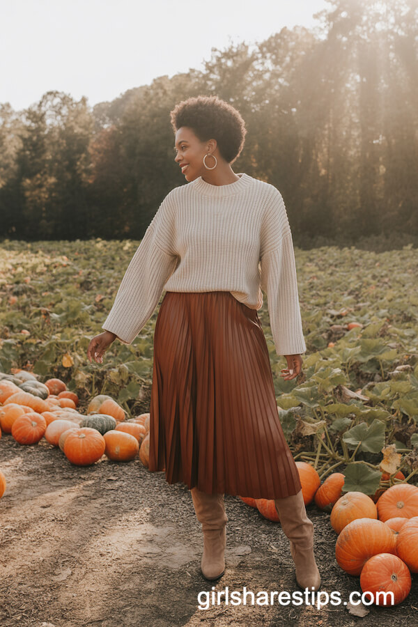 Chunky Cream Knit Sweater & Rust Midi Skirt