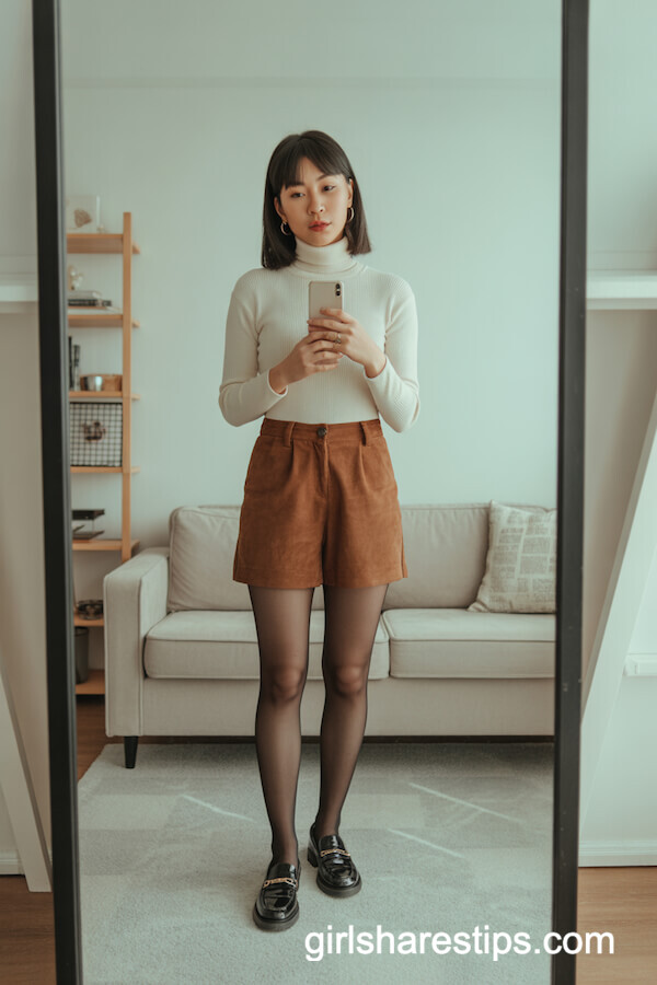 Suede Shorts Cream Turtleneck