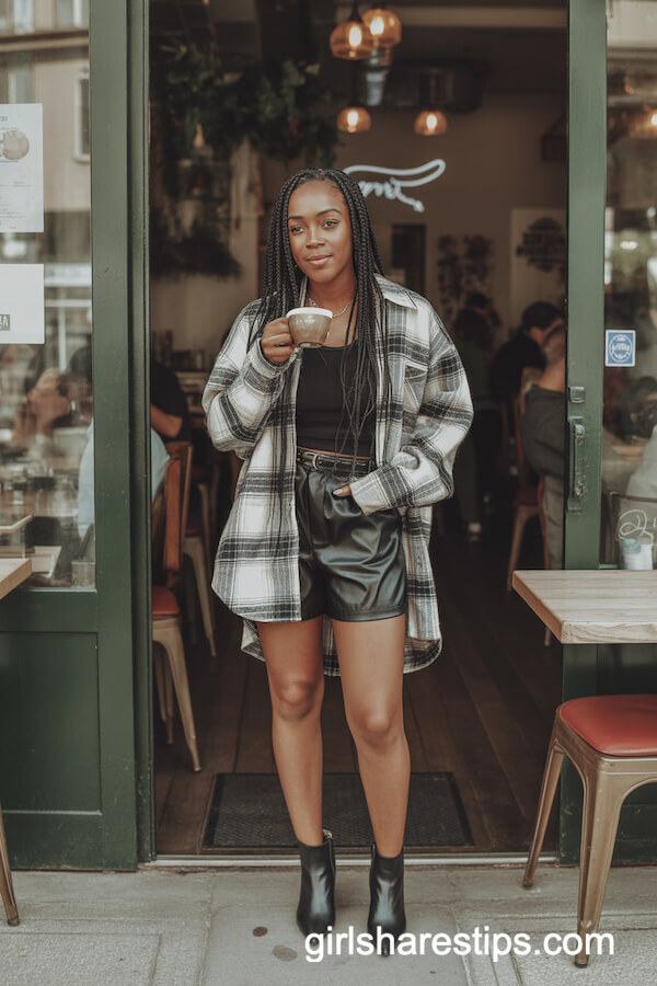 Faux Leather Shorts Plaid Shirt
