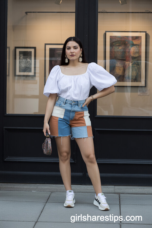 Patchwork Denim Shorts & Puff Sleeves