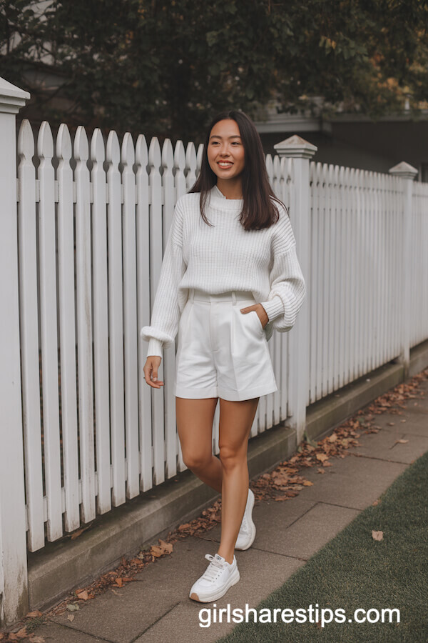 White Tailored Shorts & Sweater