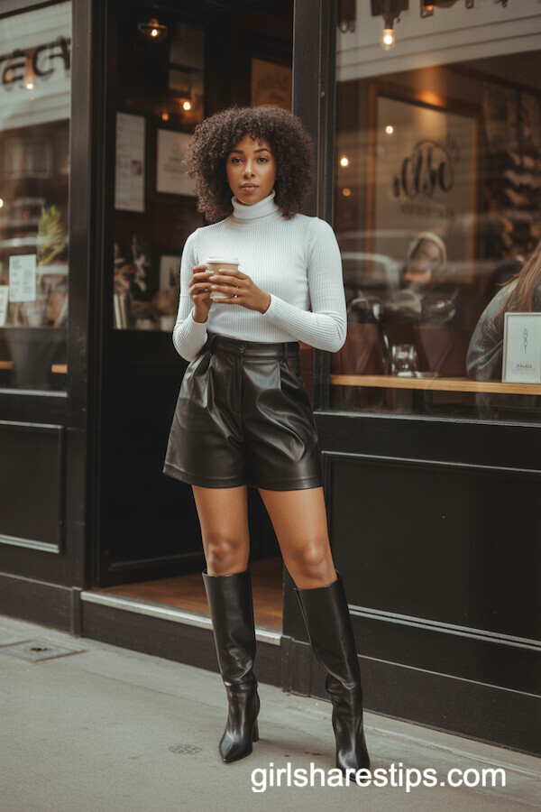 Leather Shorts & White Turtleneck