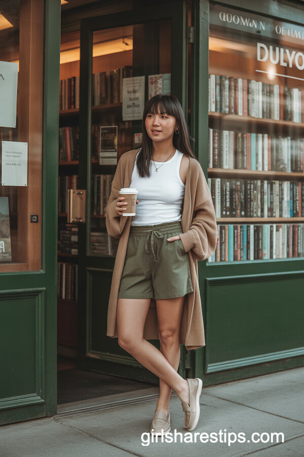 Green Paperbag Shorts & Cardigan
