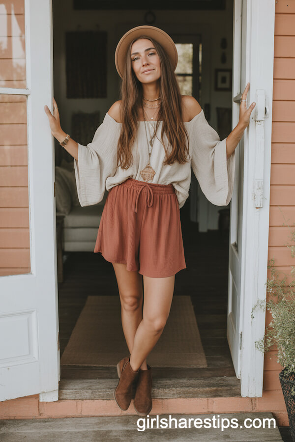 Rust Flowy Shorts & Boho Blouse