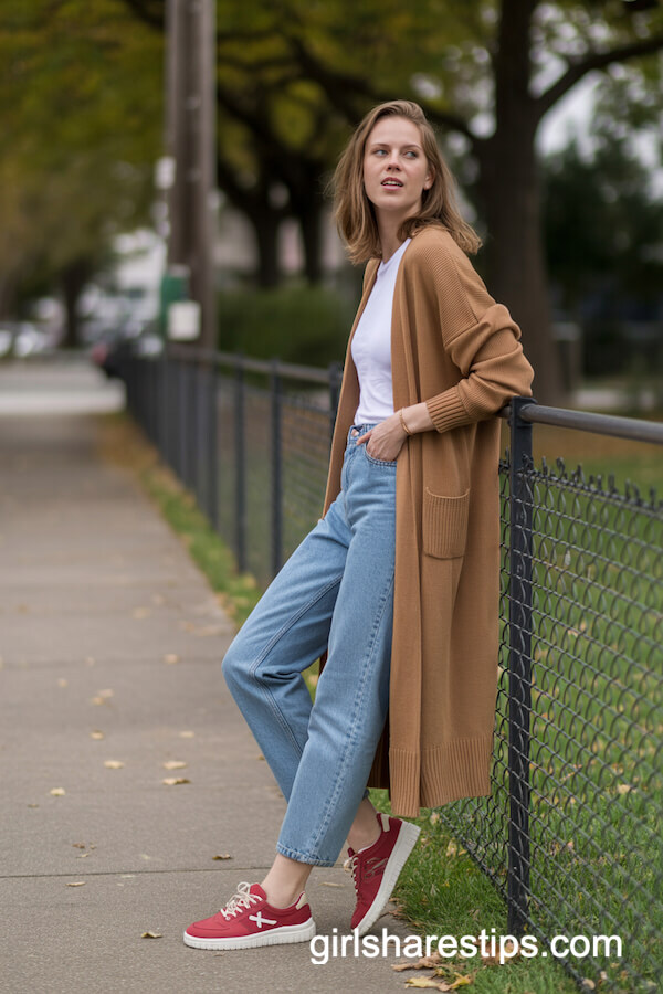Camel Cardigan Blue Jeans with Red Sneakers