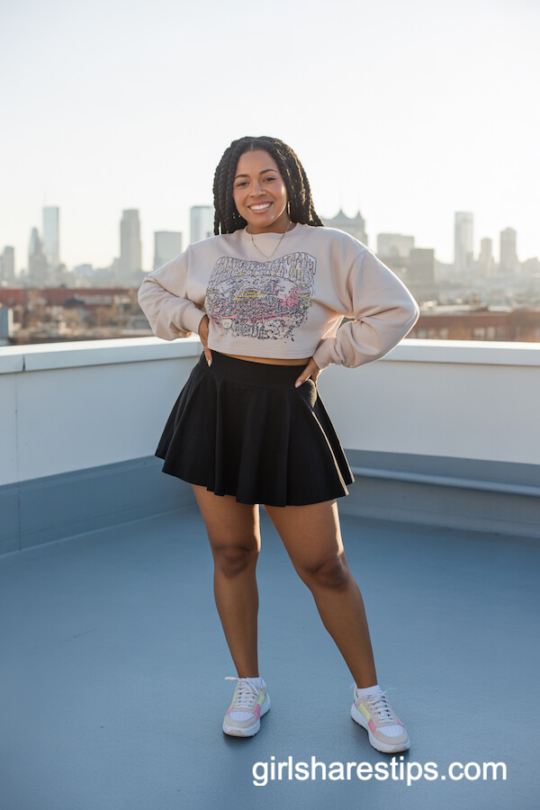 Colorful Cropped Sweatshirt & Skater Skirt with Pastel Sneakers
