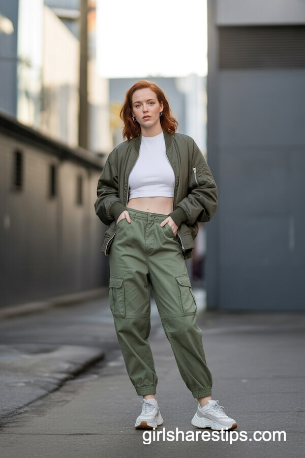 Olive Cargo Pants Bomber Jacket with Chunky Sneakers
