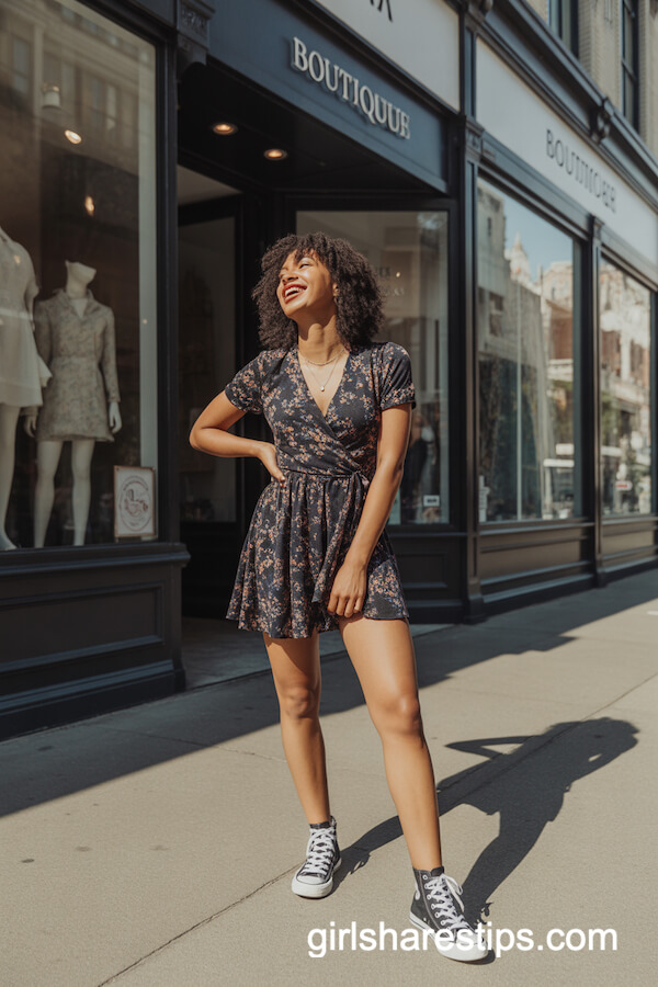 Dark Floral Wrap Dress & High-Top Sneakers