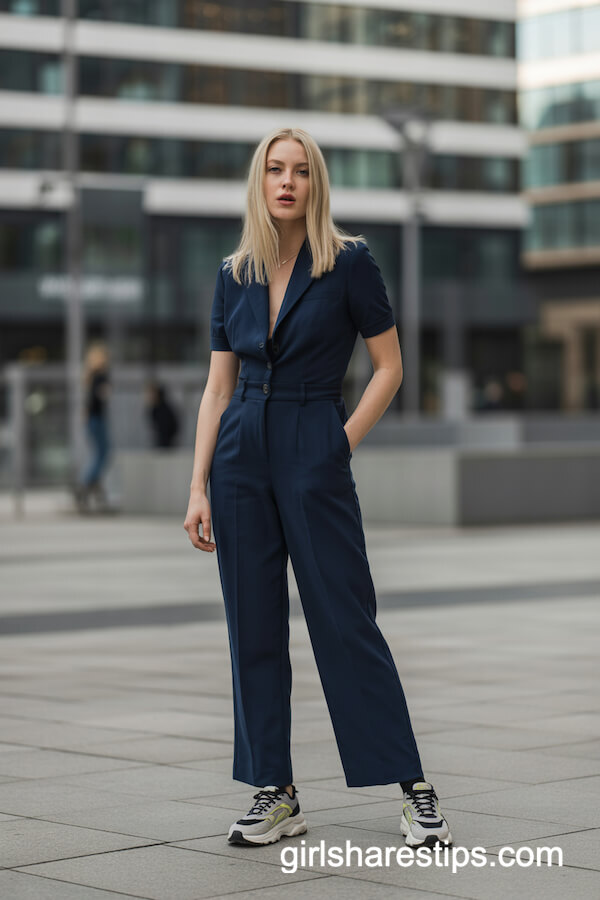 Navy Blue Jumpsuit & Neon-Accent Sneakers