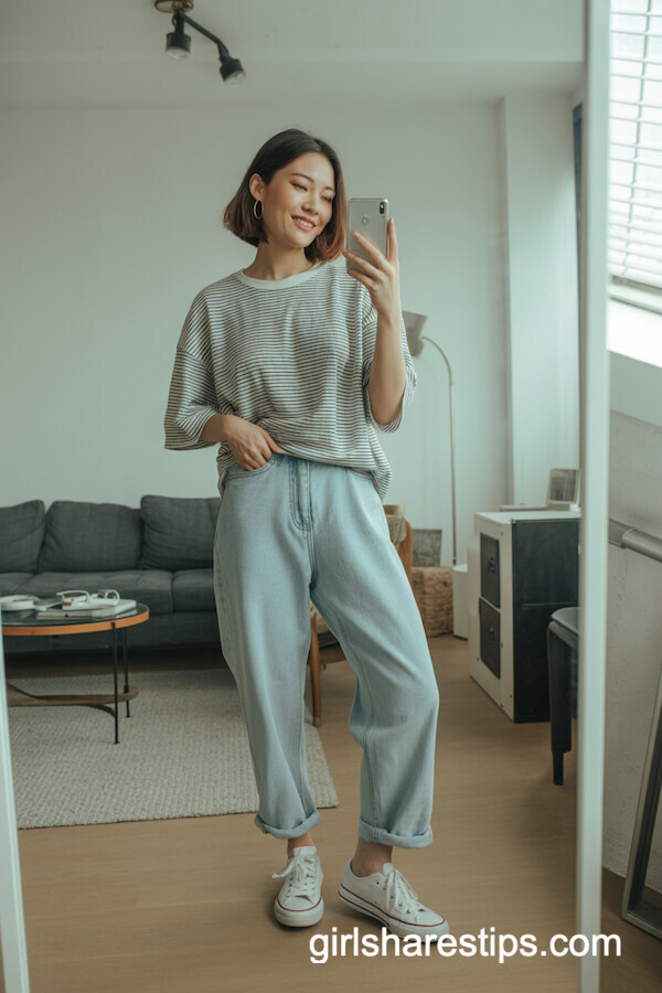 Striped Tee Relaxed Jeans with Low-Top Sneakers
