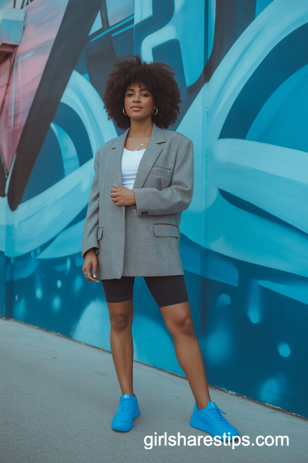 Oversized Blazer & Bike Shorts with Bright Sneakers