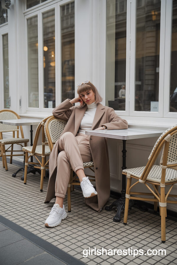 Beige Wool Coat Nude Joggers with Chunky Sneakers