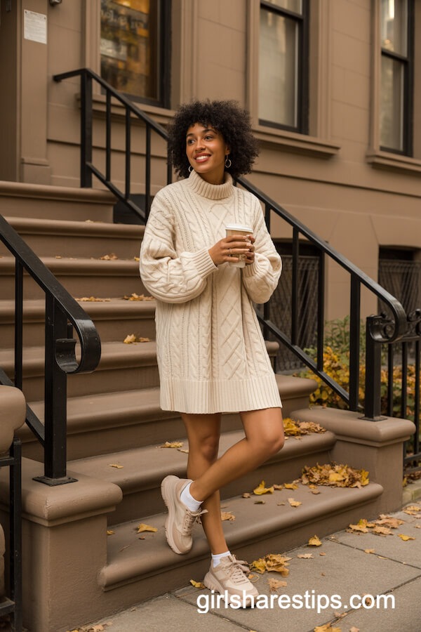 Cream Cable-Knit Sweater Dress & Chunky Sneakers