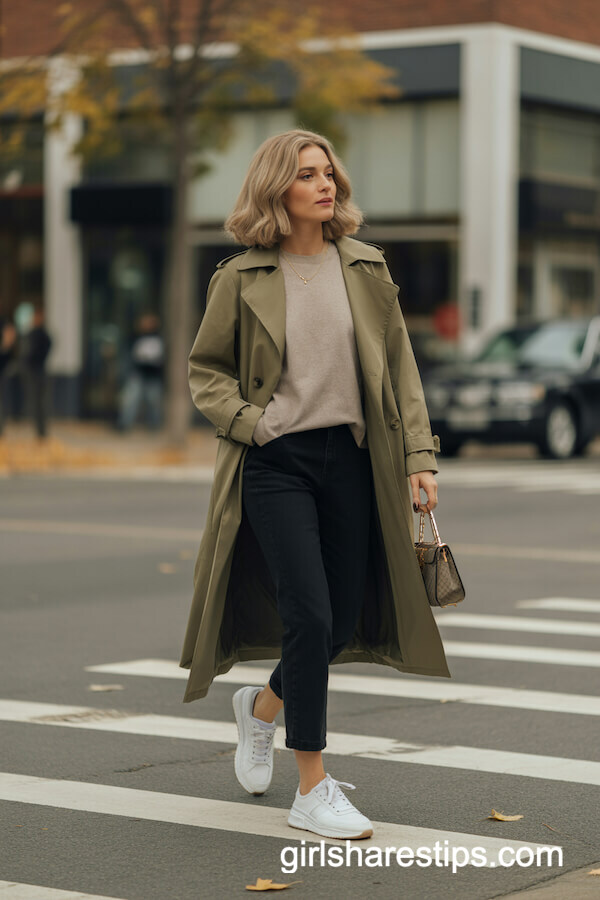 Khaki Trench Coat Black Cigarette Pants with Retro Sneakers