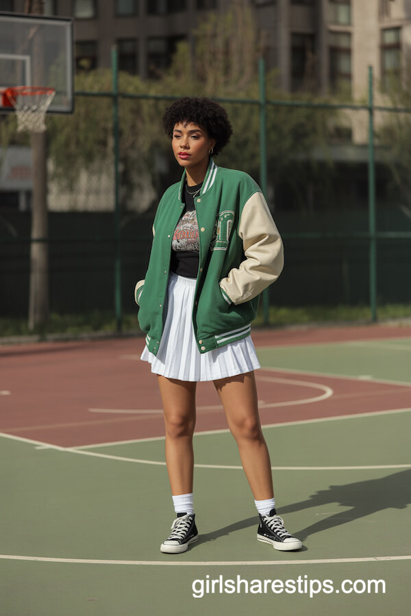 Green Varsity Jacket & Tennis Skirt with Classic Sneakers