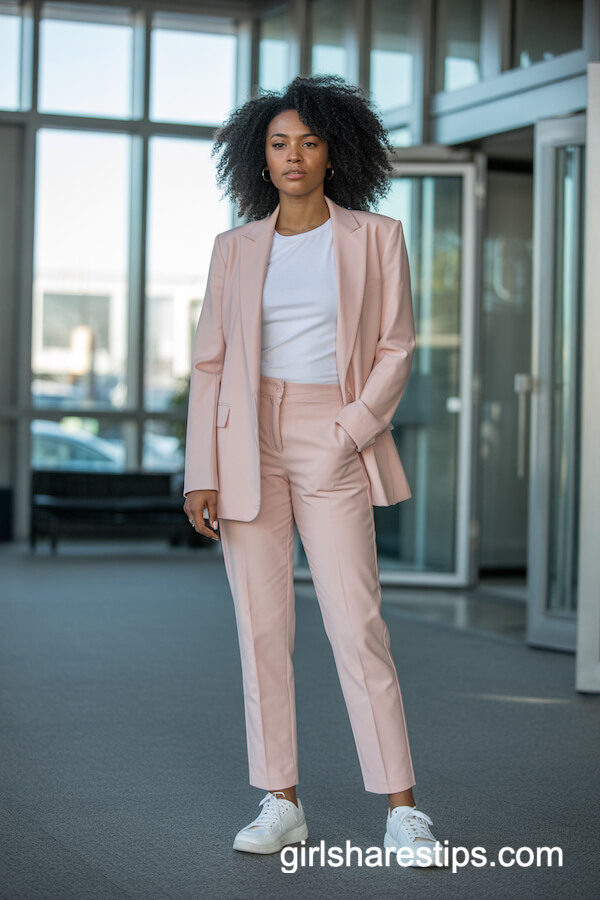 Pastel Pink Pantsuit & Minimalist Sneakers