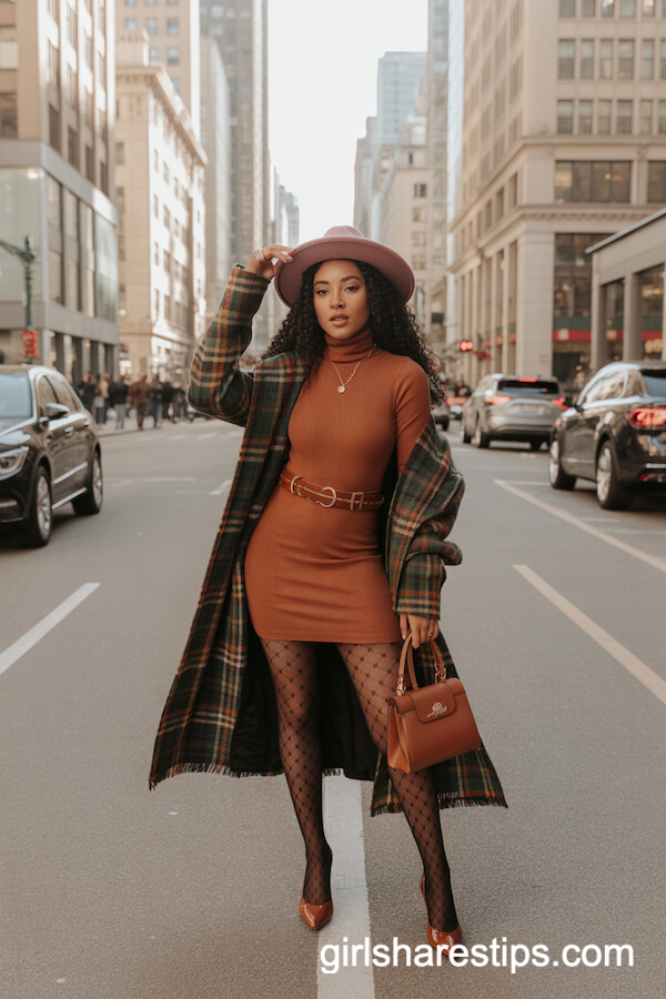 Rust Turtleneck & Plaid Scarf