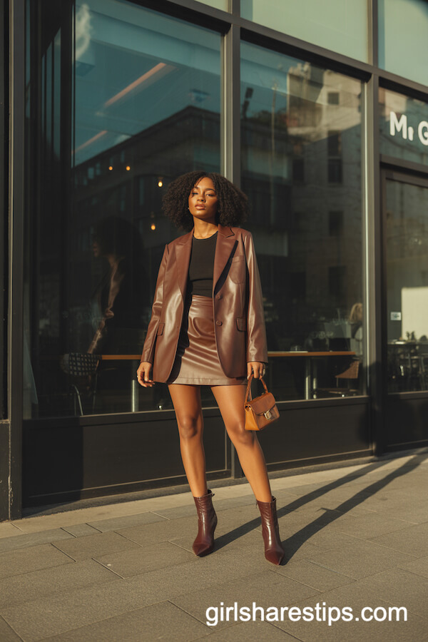 Brown Leather Blazer Matching Set