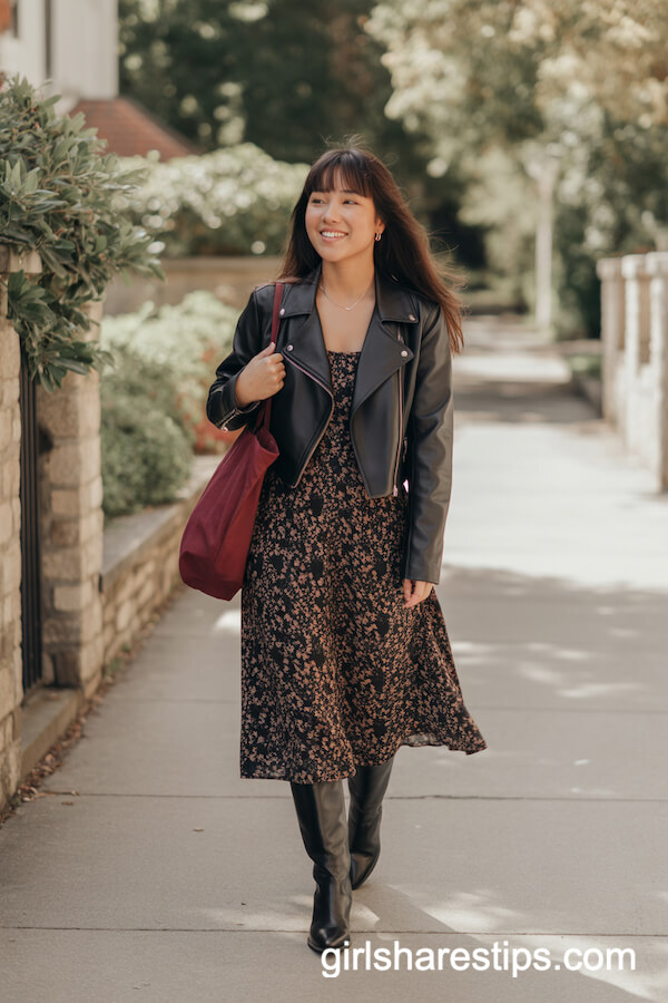 Floral Midi & Leather Cropped Jacket