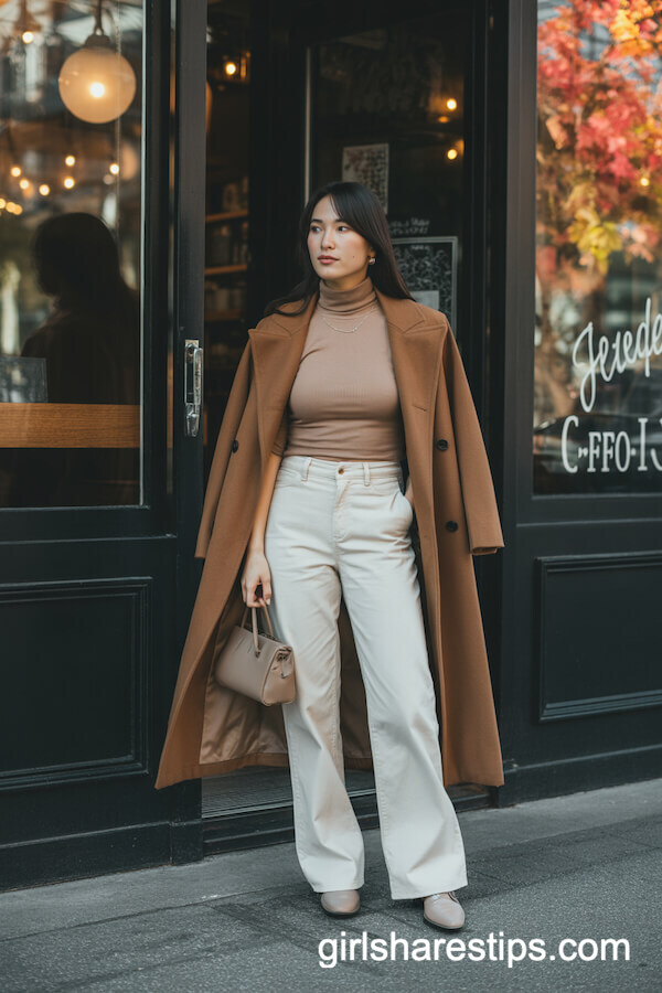 Cream Turtleneck Camel Coat