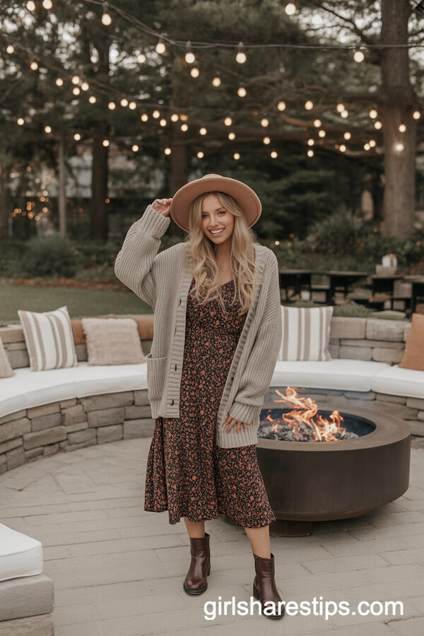 Floral Midi Dress & Cardigan