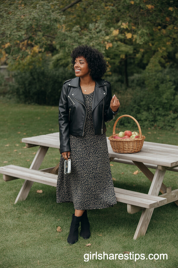 Vegan Leather Jacket Floral Midi Dress