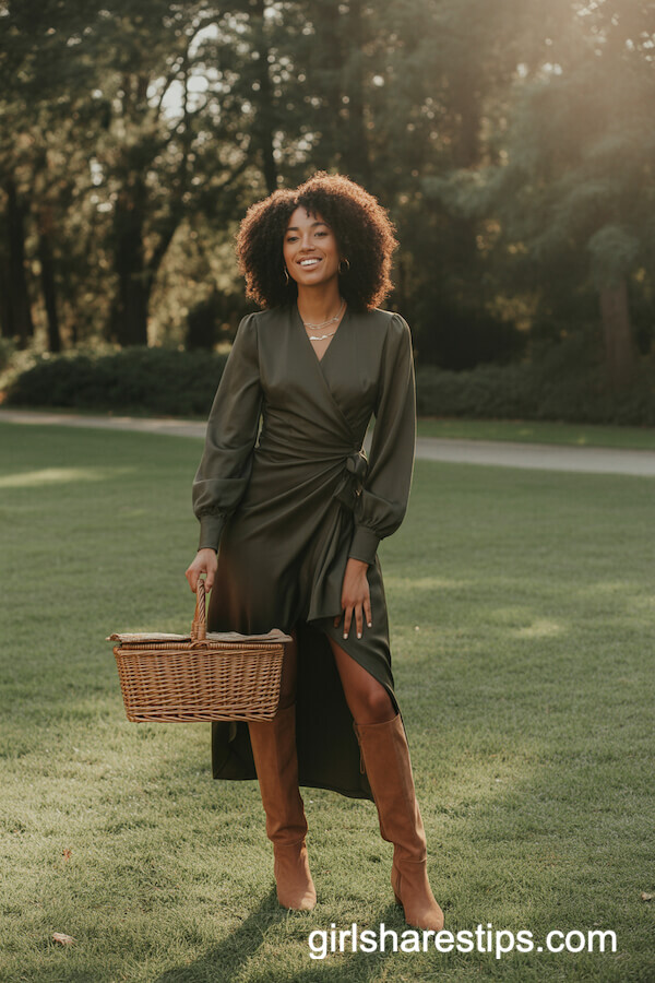 Olive Wrap Dress & Knee-High Boots