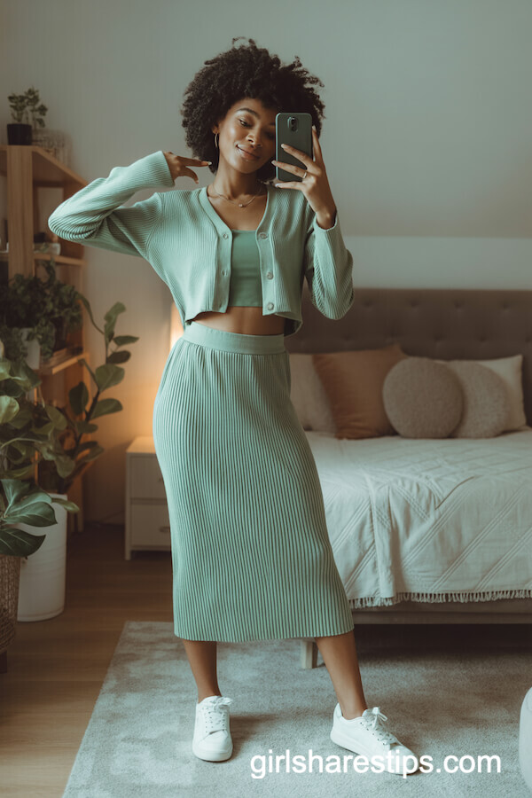 Sage Cropped Cardigan & Ribbed Skirt
