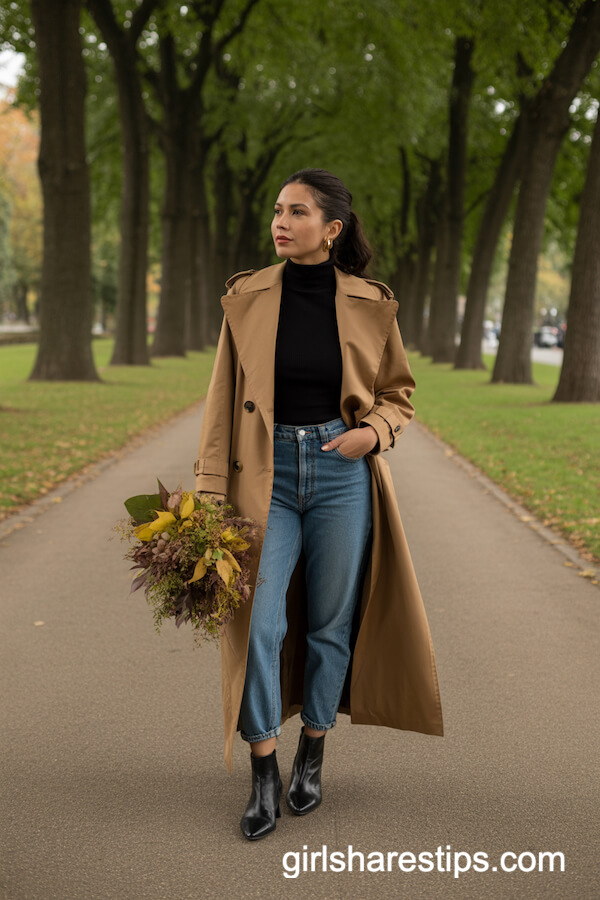 Camel Trench Coat & Straight-Leg Jeans