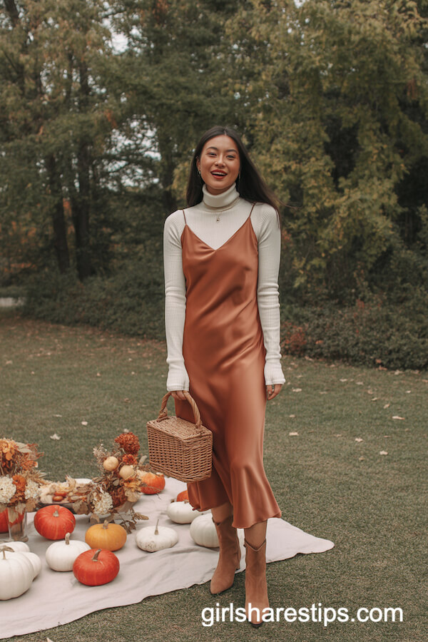 Cream Turtleneck Rust Slip Dress