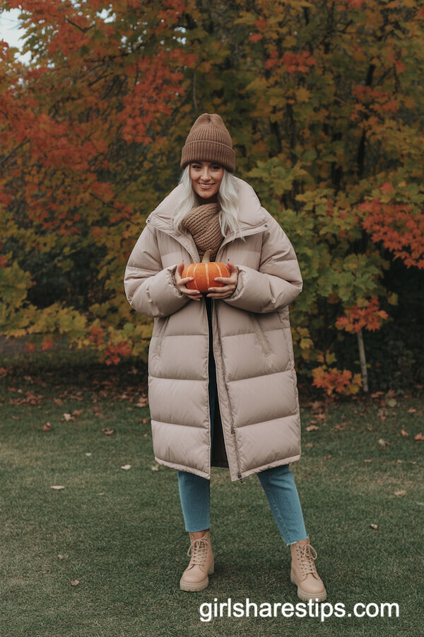 Beige Puffer Coat & Skinny Jeans