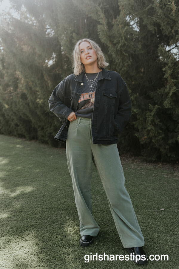 Black Denim Jacket & Sage Corduroys