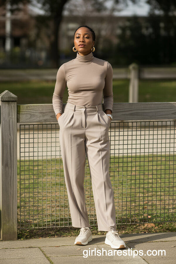 Fitted Beige Turtleneck Tailored Trousers