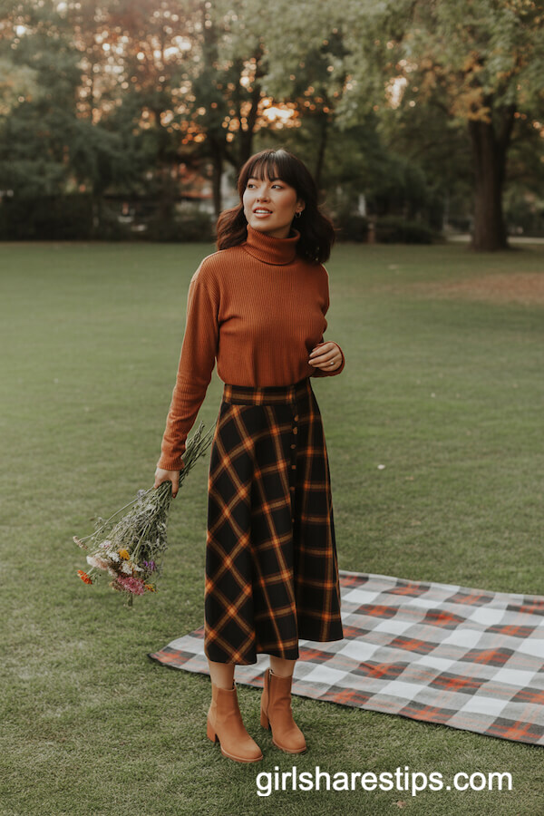 Burnt Orange Turtleneck & Plaid Skirt