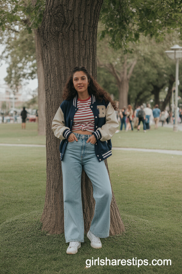 Retro Varsity Jacket & Wide-Leg Jeans